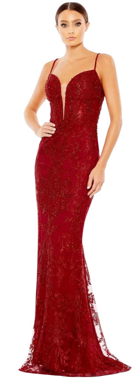 Mac Duggal 20330 Red Beaded Embroidered Mermaid Gown Size 6 $398