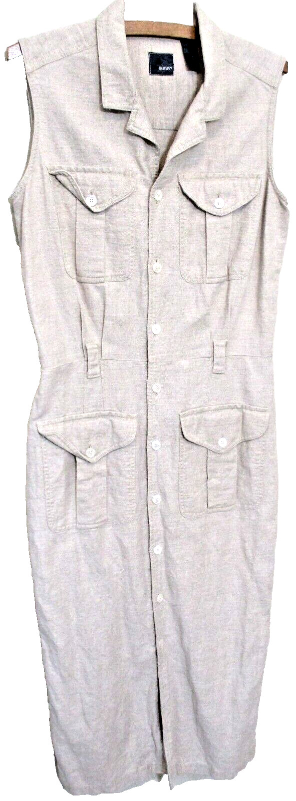 Liz Wear Tan Khaki Linen 1-Piece Suit Tank Dress Fitted Waist Belt Loops Size 12