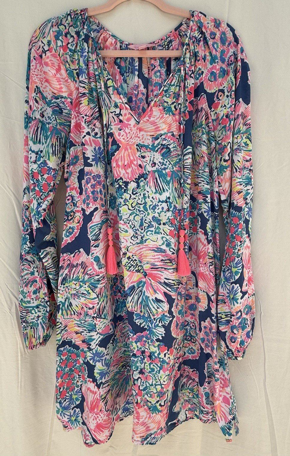 Lilly Pulitzer Willa Tunic Dress L Indigo Gypsea 100% Rayon Tassel Cover Up