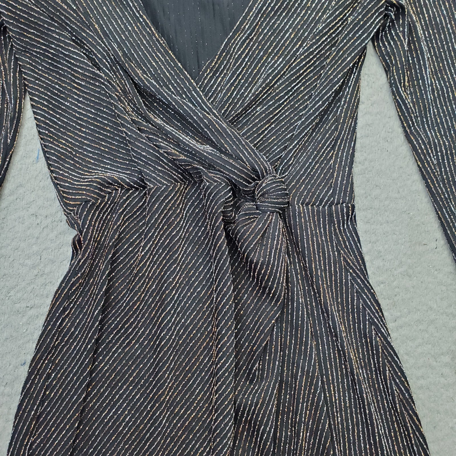 Miami Wrap Dress Womens XXS Multi Pinstripe Metallic Stretch V-Neck Knot Waist