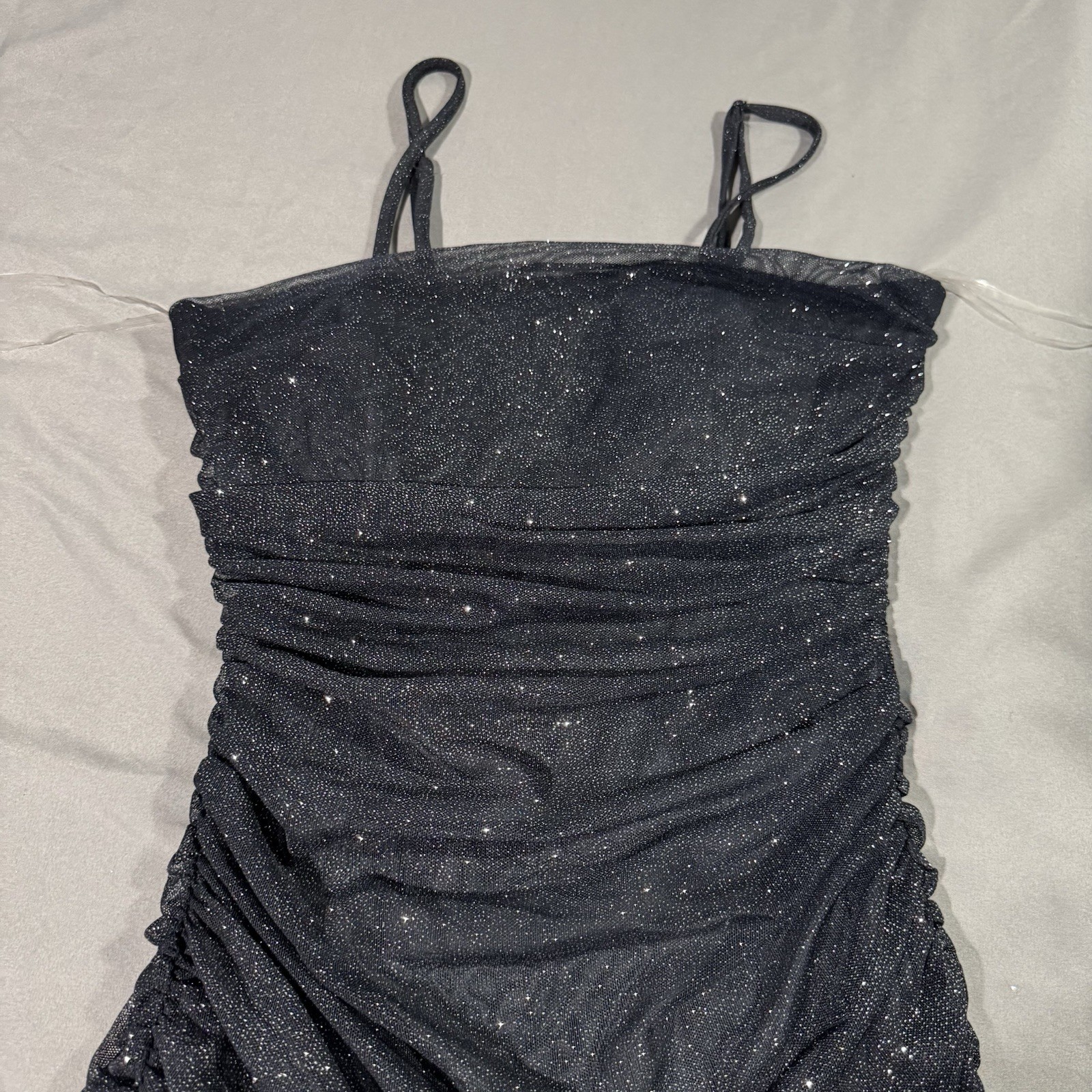 Pear Culture Ruched Glitter Tube Dress Stretch Sz L Lined Straps Black Silver