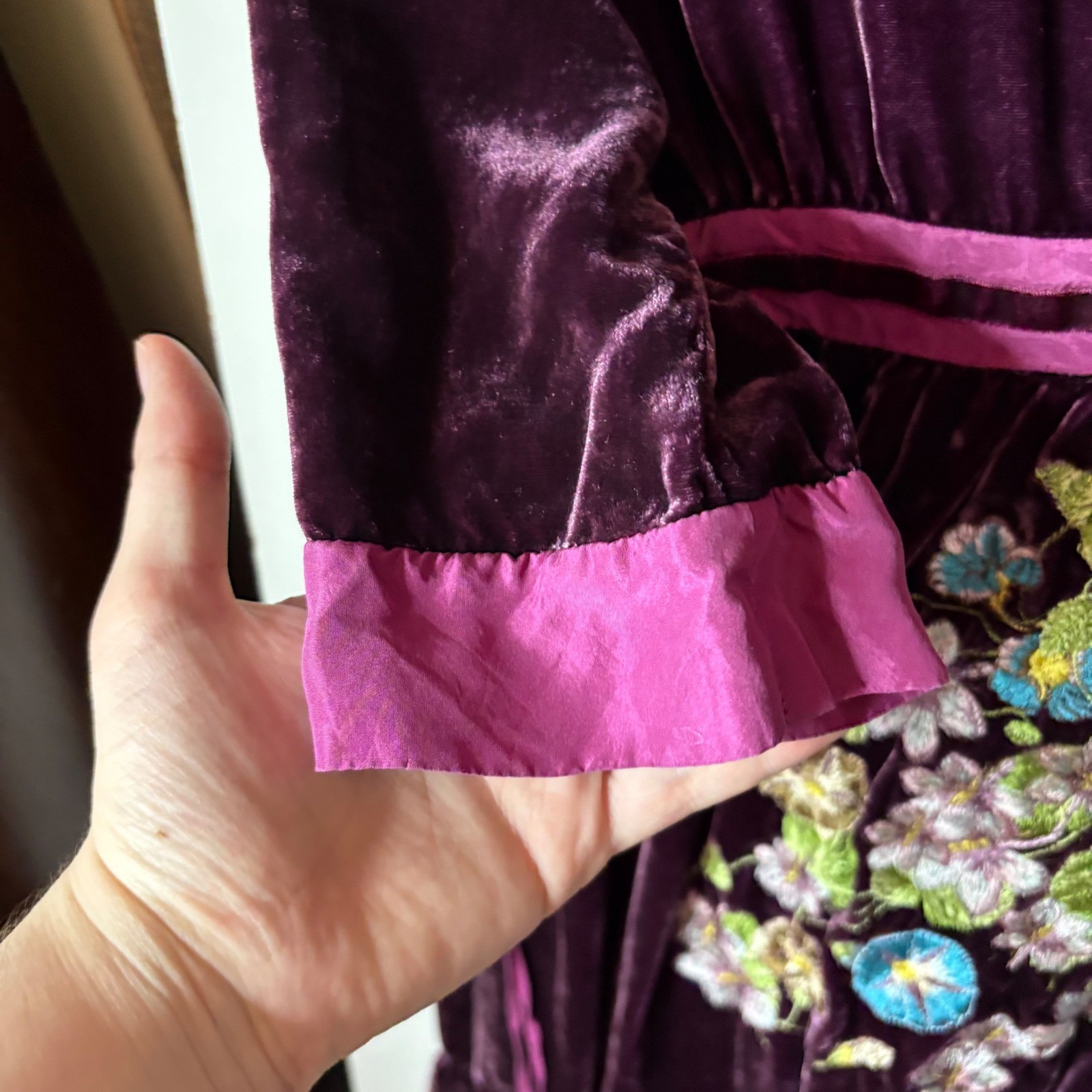 Johnny Was Velvet Mini Dress Womens XS Purple Silk Blend Floral Embroidered