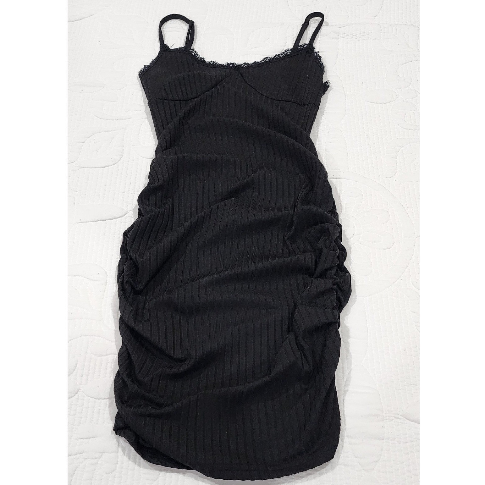 SHEIN Black Ribbed Ruched Bodycon Dress Lace Trim Spaghetti Strap Womens XS 2