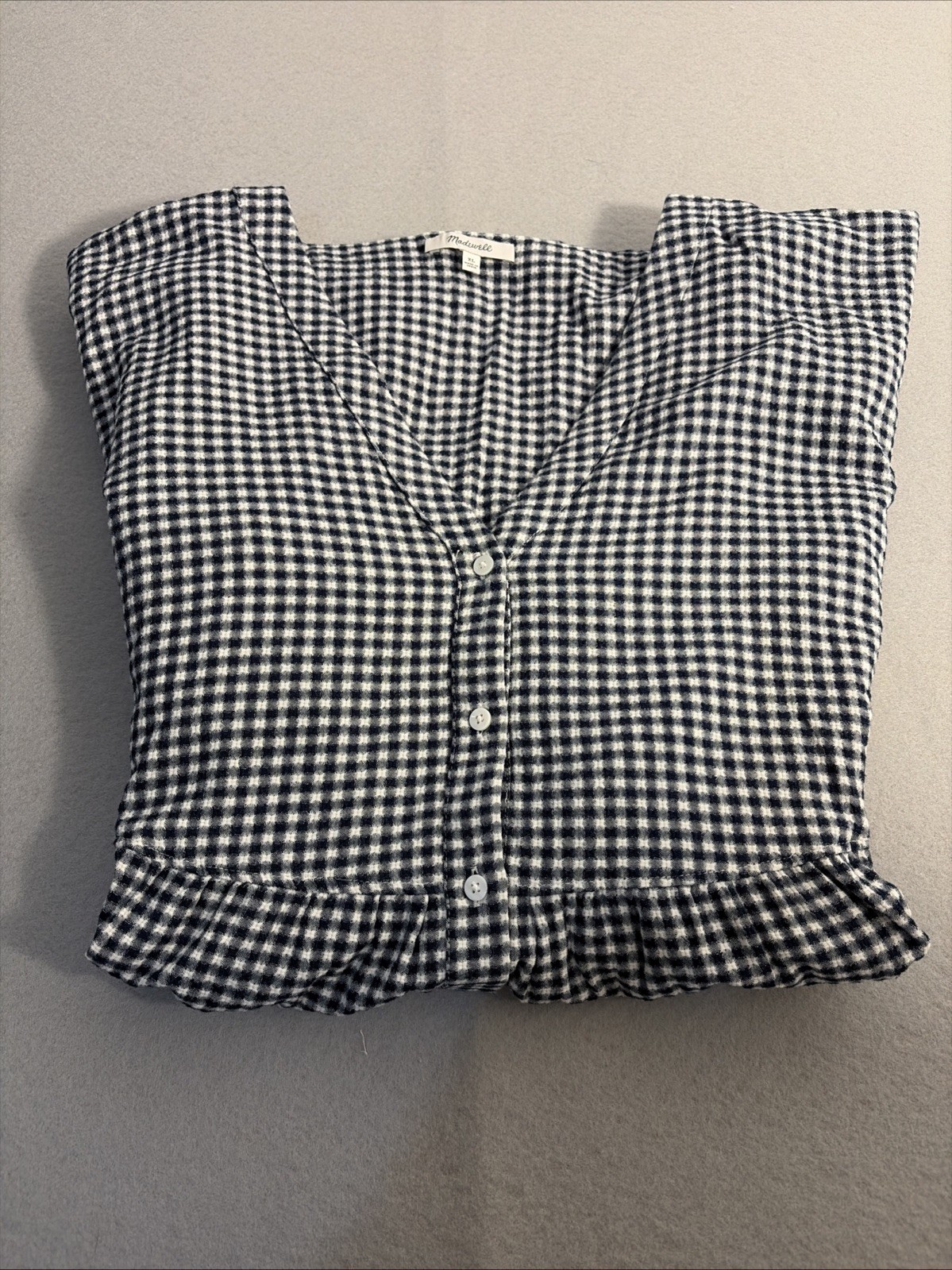 Madewell Gingham Tiered Mini Dress Black White Cuff Sleeve Button Front XL