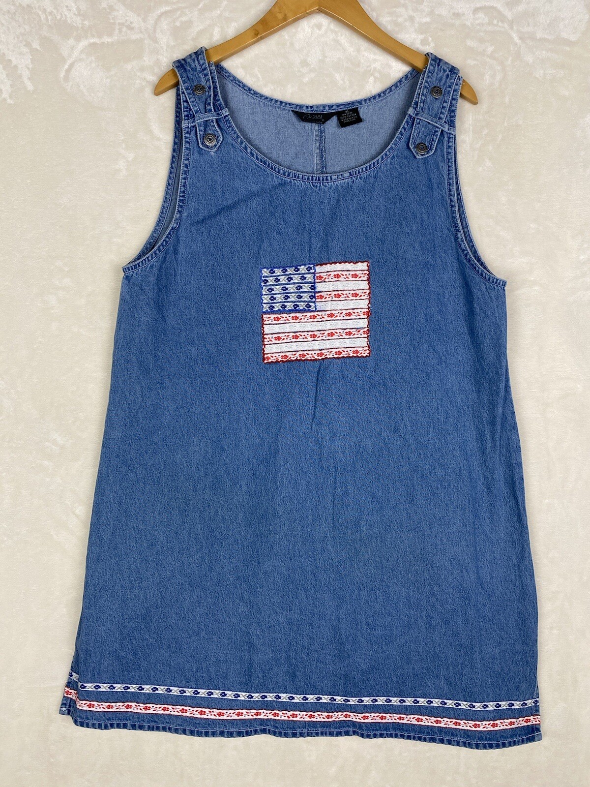 Vintage 90 Agapo Dress Womens XLarge Denim Jumper United States Flag embroidered