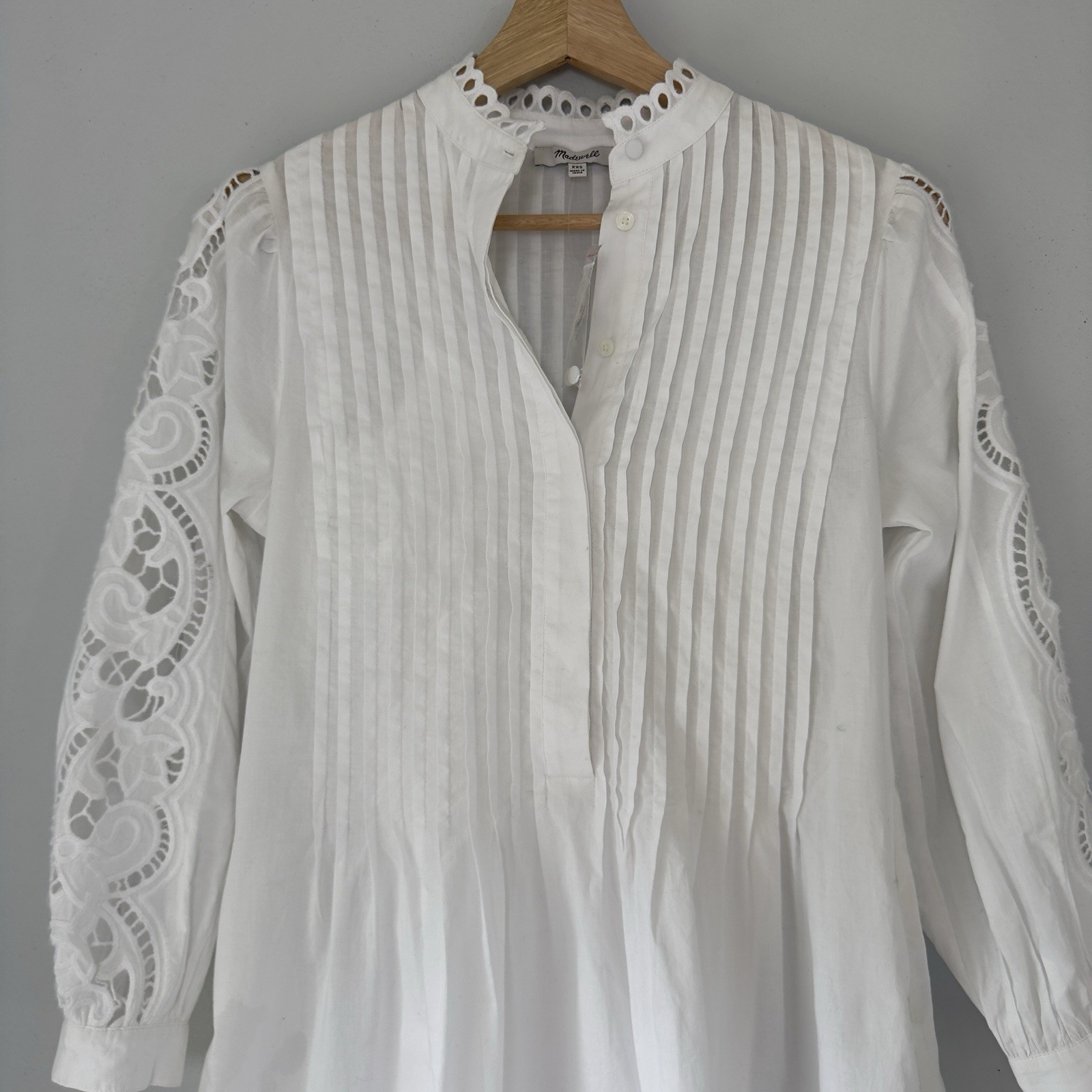 NWT Madewell Sz XXS Pintucked Eyelet Mini Dress White Embroidery Cotton NU568