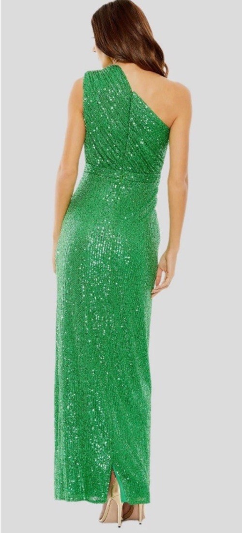 (20)Mac Duggal Gown Dress Womens Size 2 Green Sequin Ruched One Shoulder Size 8