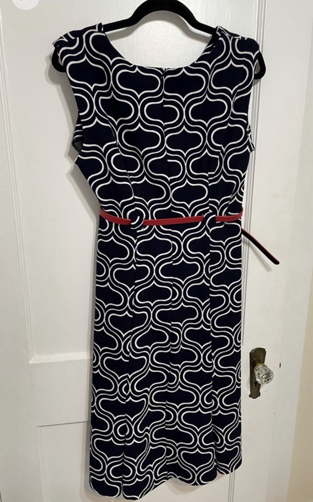 Shelby & Palmer Retro Mod Belted Dress Size 14 Navy Geometric Mad Men Midi Dress