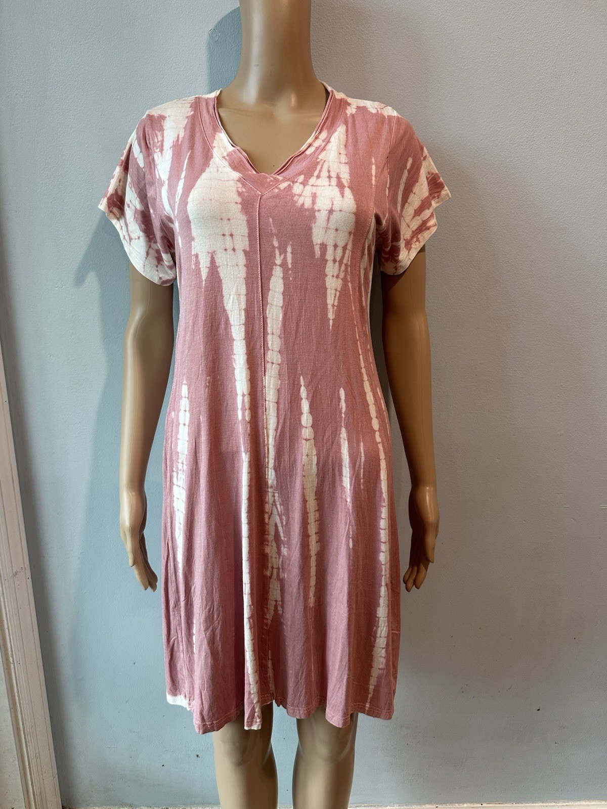 Raya Sun Pink White Tie-Dye V-Neck Short Sleeve T-Shirt Dress Size S