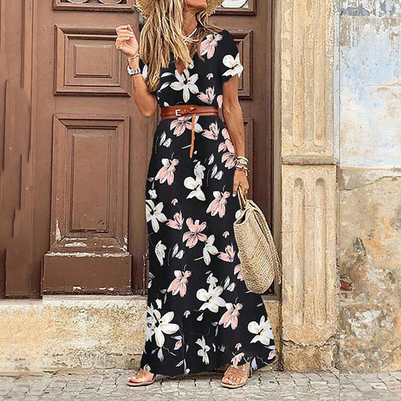 Womens Boho Floral V-Neck Maxi Dress Ladies Summer Beach Casual Holiday+Sundress