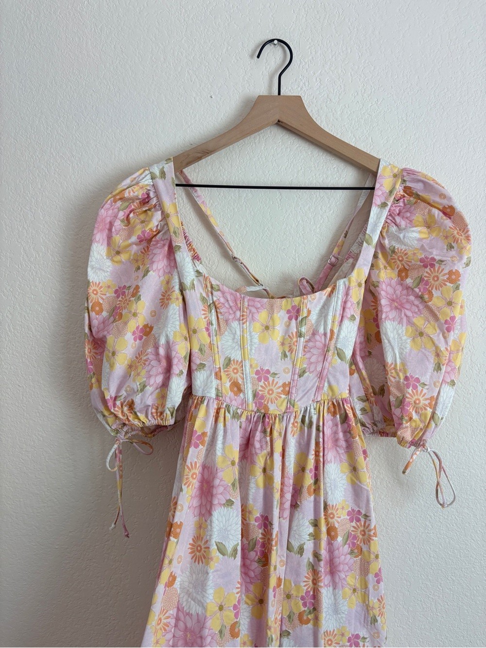 For Love and Lemons Carrie Floral Square-Neck Pink Puff-Sleeve Midi Dress
