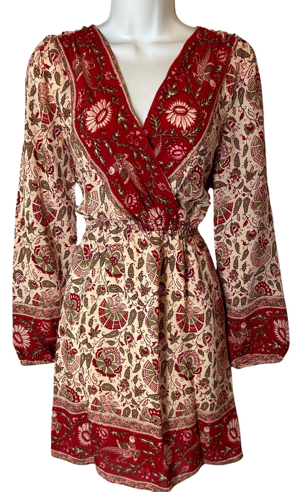 Lucky Brand Boho Dress Size Small S Tan Red Green Pink Floral Surplice Puffy SLV