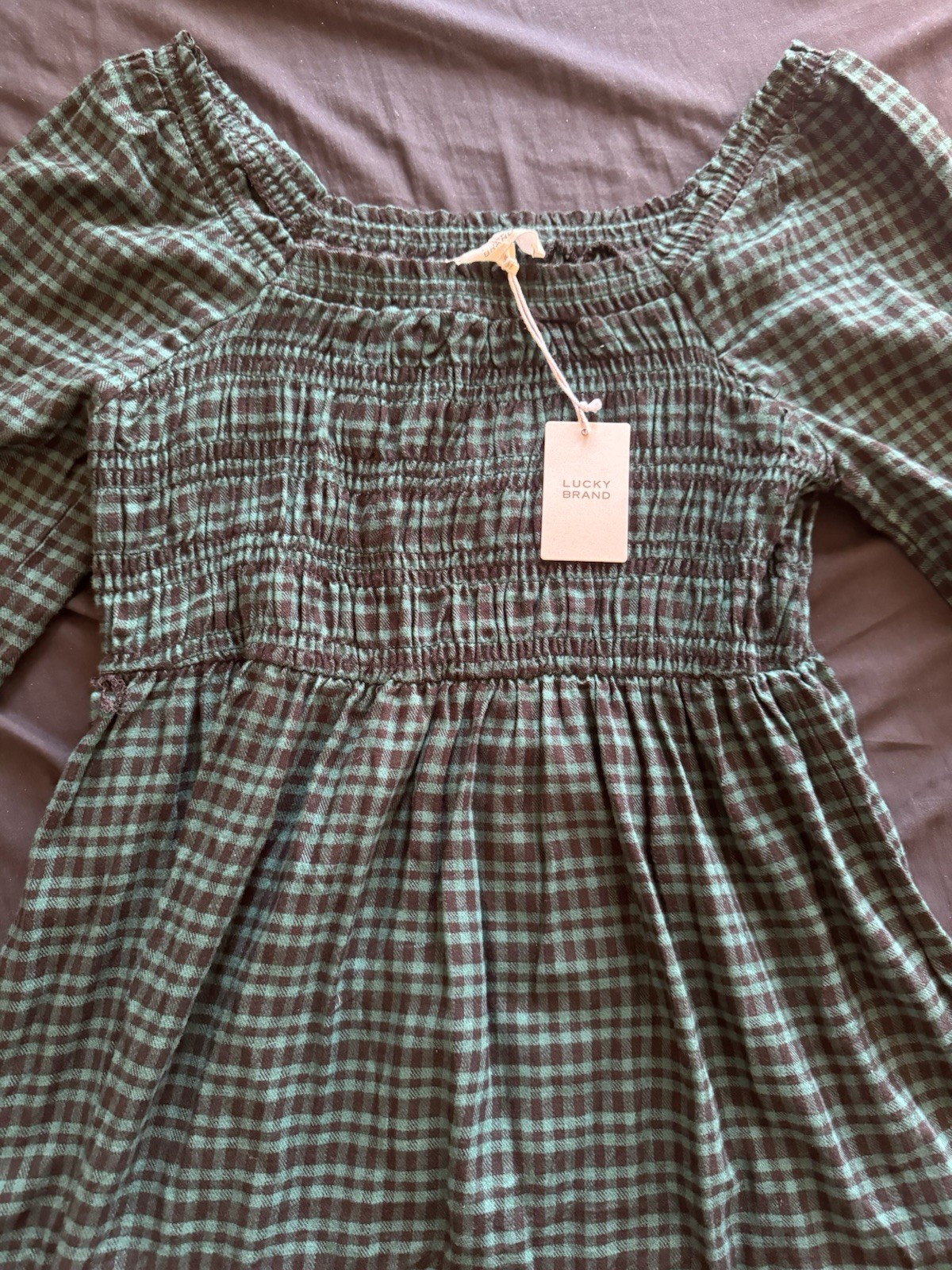 Lucky Brand Women’s Green Gingham Smocked Square Neck Long Sleeve Sundress XL
