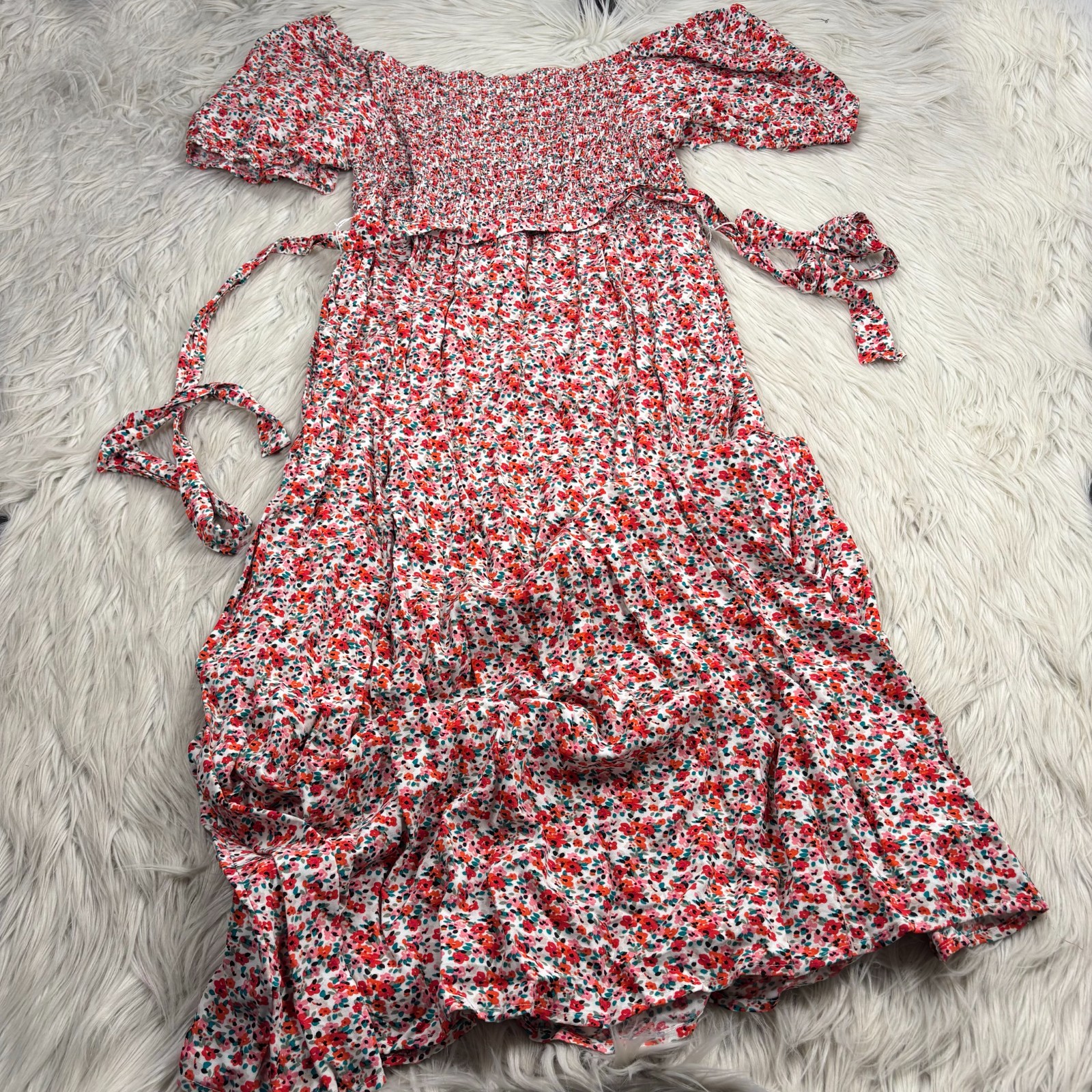 Indigo Rose Women’s 3X Red Floral Puff Sleeve Shirred Midi Dress Cottagecore