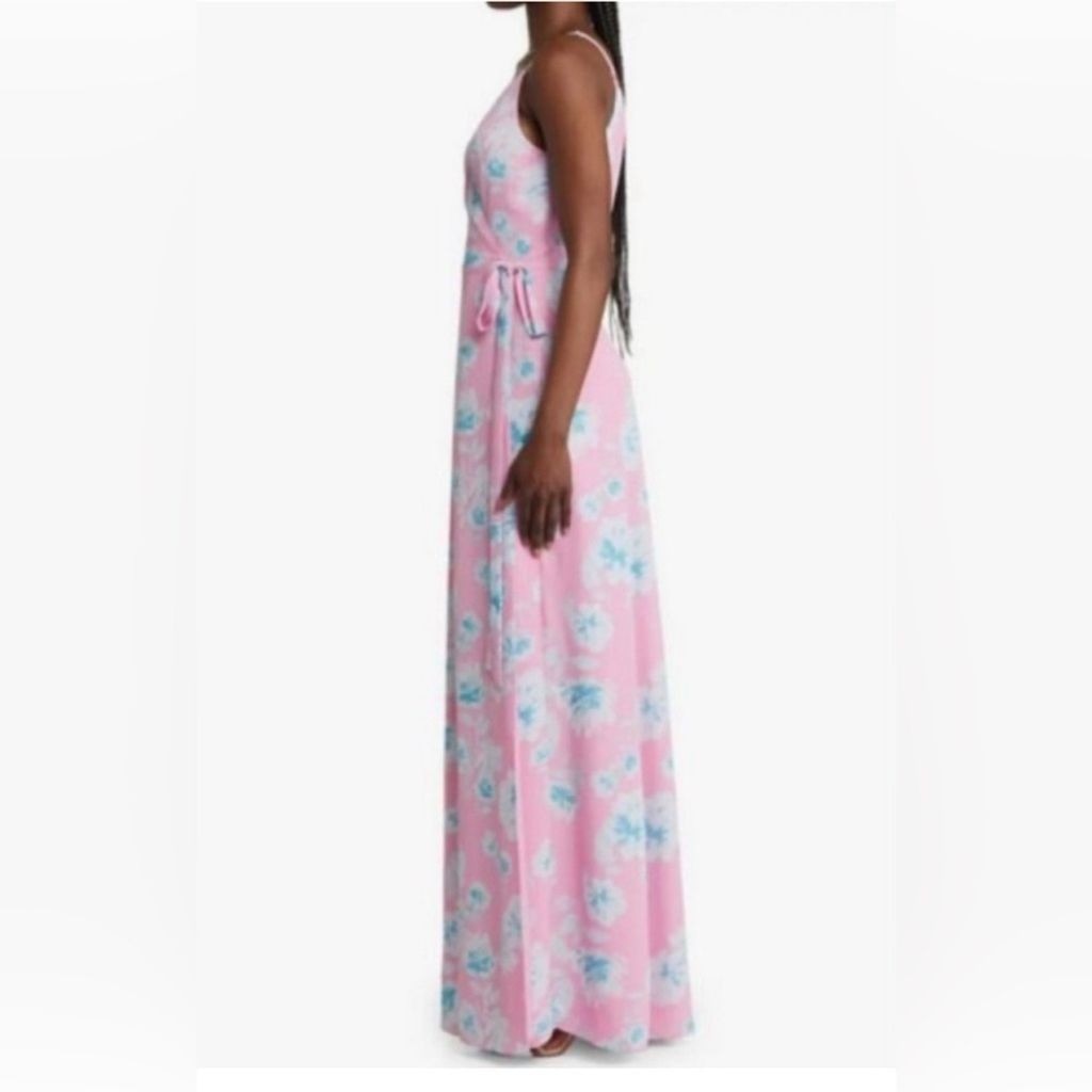262. WAYF The Angelina Floral Wrap Gown Blue Pink Floral Print Small S