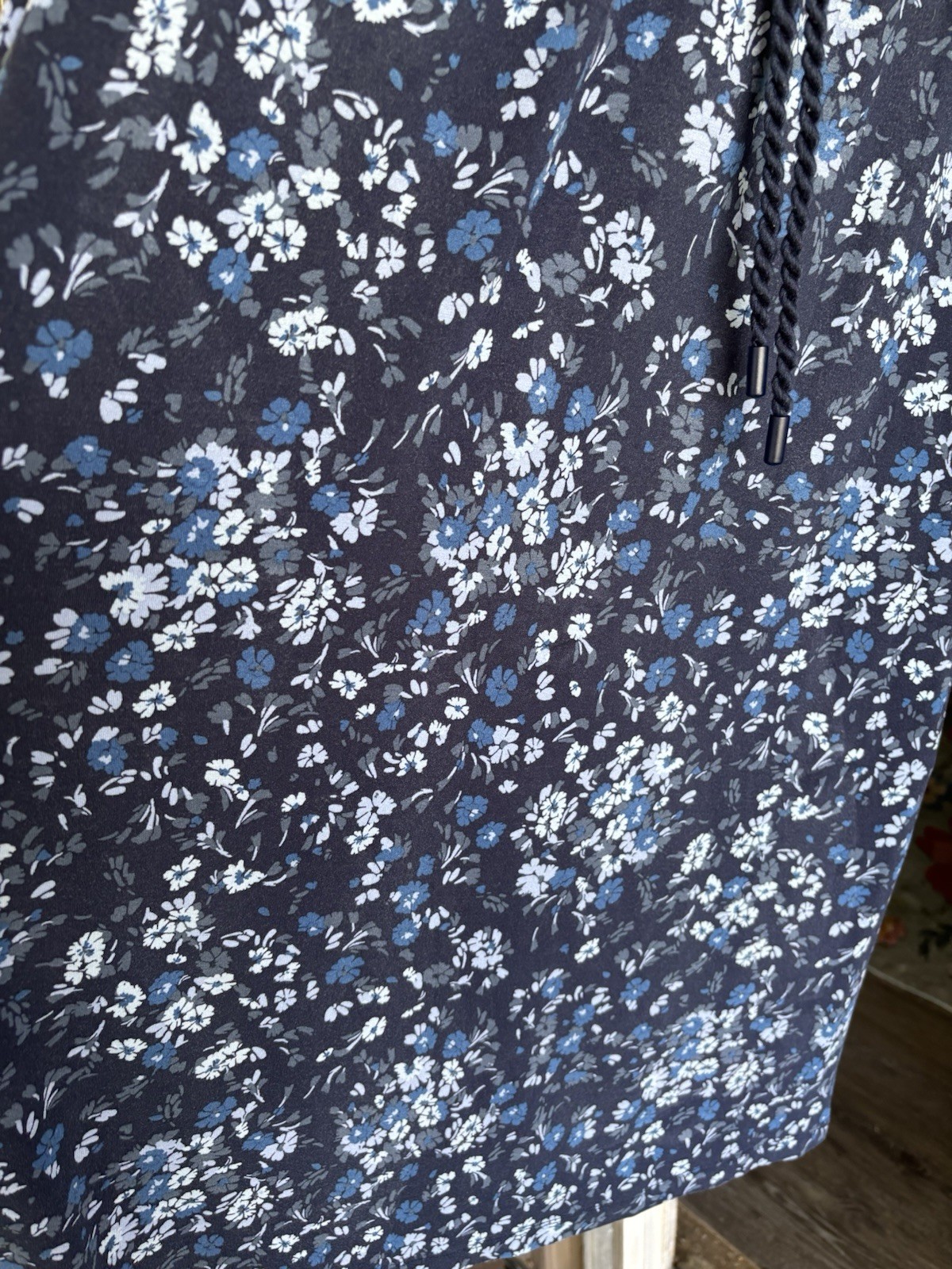 Women’s Navy Blue White Floral Halter Sundress M Knee Length Cotton Blend Tie