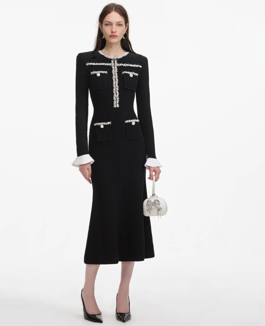 Self-Portrait Black Pearl Trim Knit Midi Dress