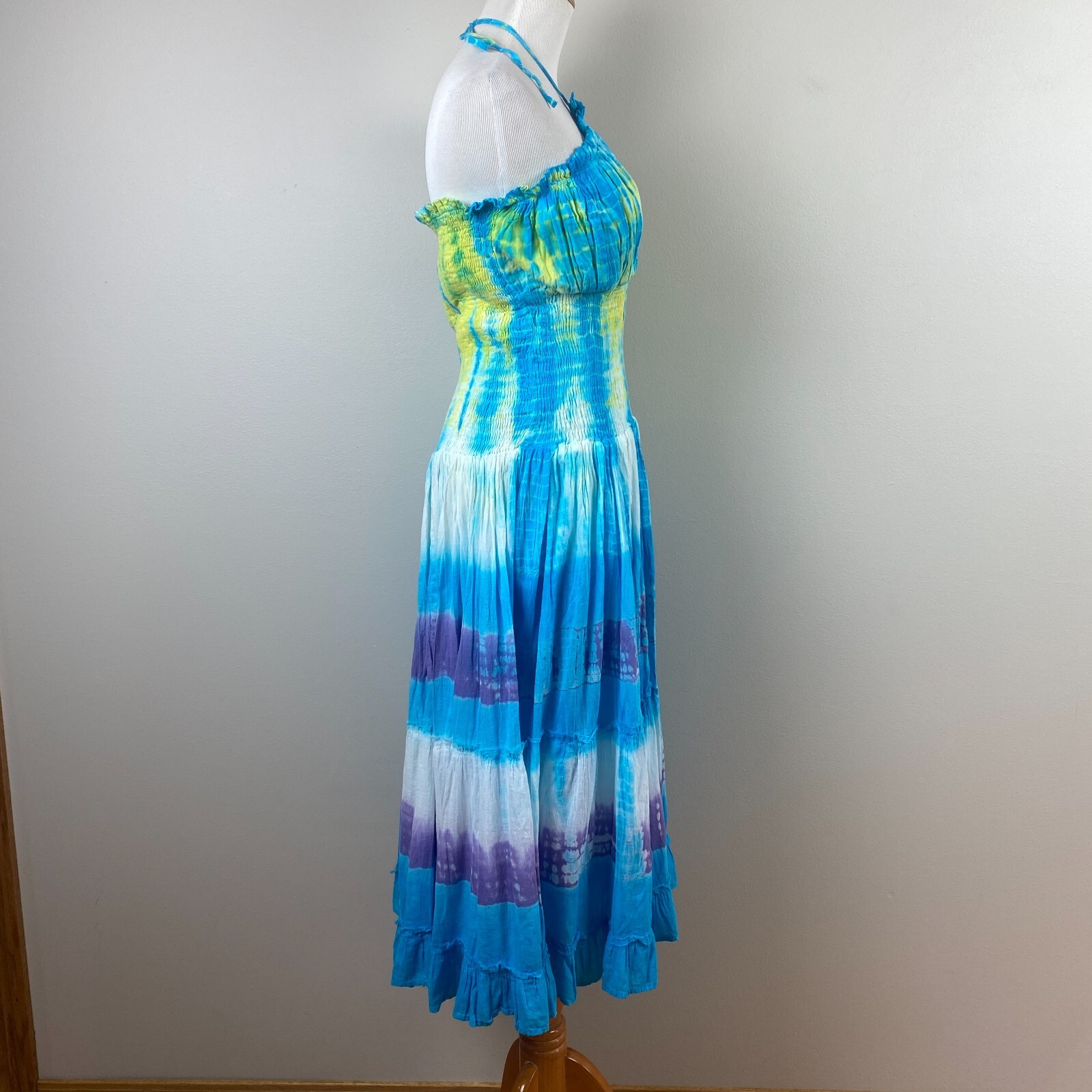 Blue Ocean Midi Dress OS Tie Dye Halter V-Neck Smocked A-Line Summer Boho Hippie