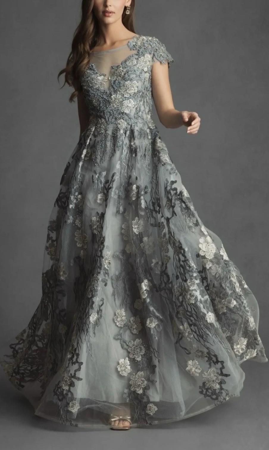 Mac Duggal 20294 Sz 14 Sea Mist Floral Embroidered Beaded A-line Gown $798