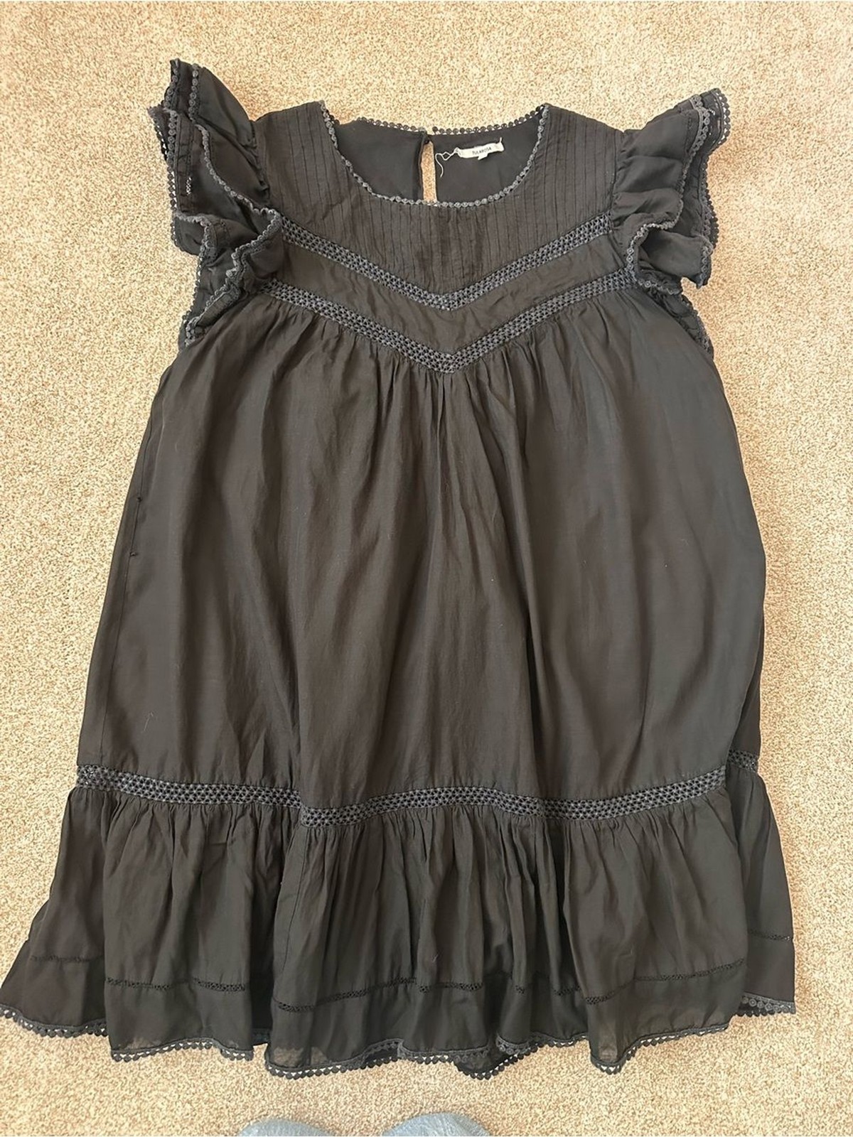 Tularosa Revolve Black Flutter Sleeve Babydoll Dress Crochet Lace Trim Large