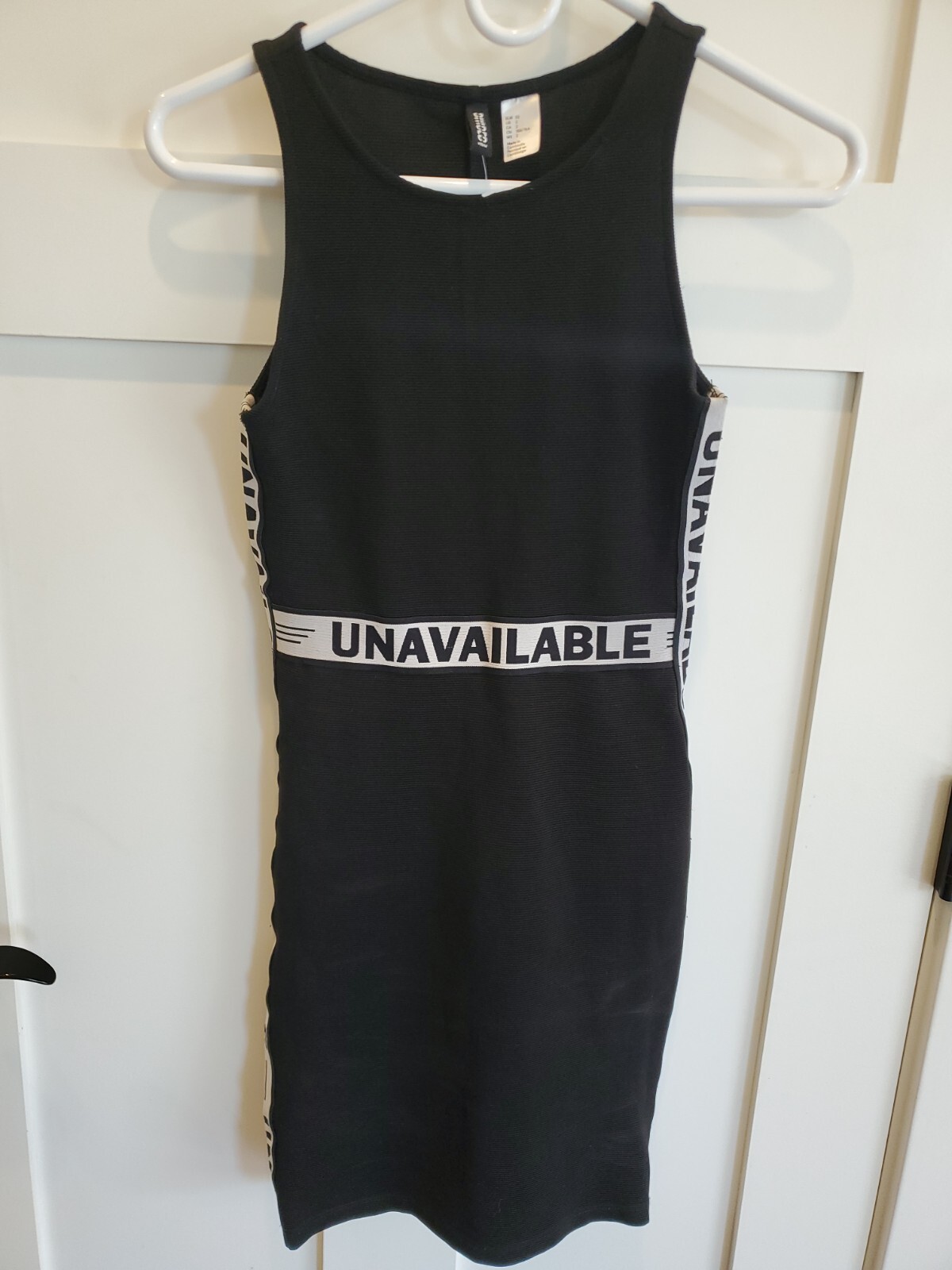 H&M Womens Size 2 Sleeveless Dress “UNAVAILABLE” Funny Costume Black Sezy LBD