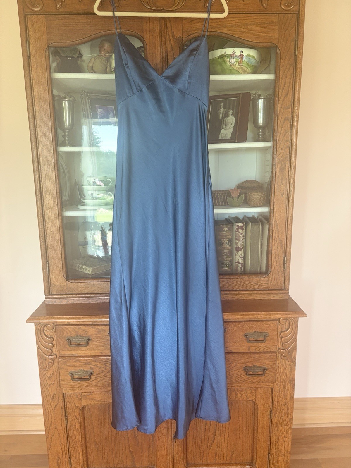 Saints & Secrets SIZE L Blue Satin Maxi Dress Spaghetti Strap W WRAP TIE BACK