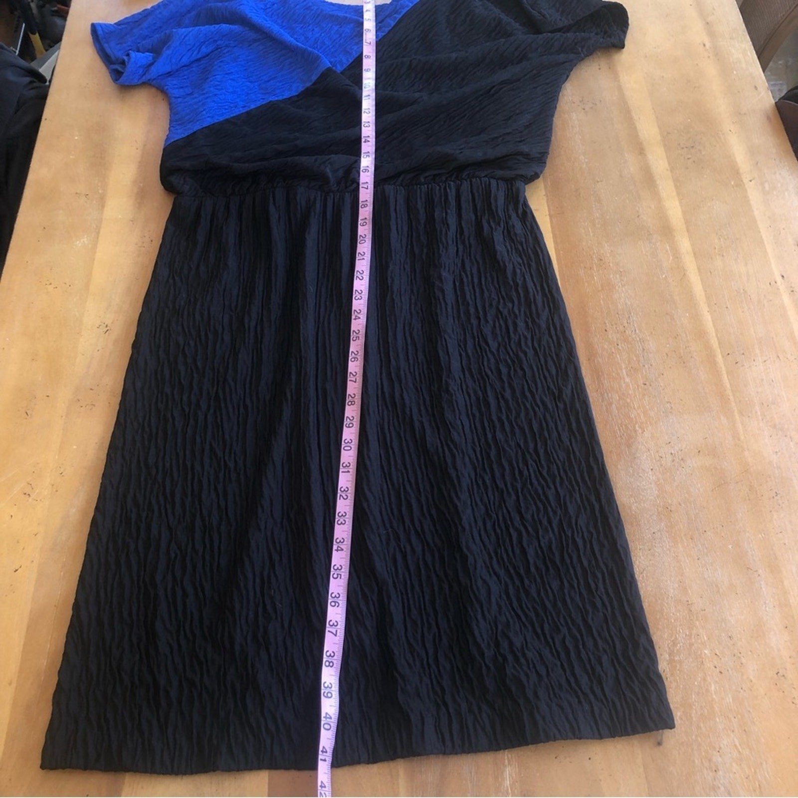 Vintage Black and Blue Colorblock Crepe Short Sleeve Elastic Waist Blousy Medium