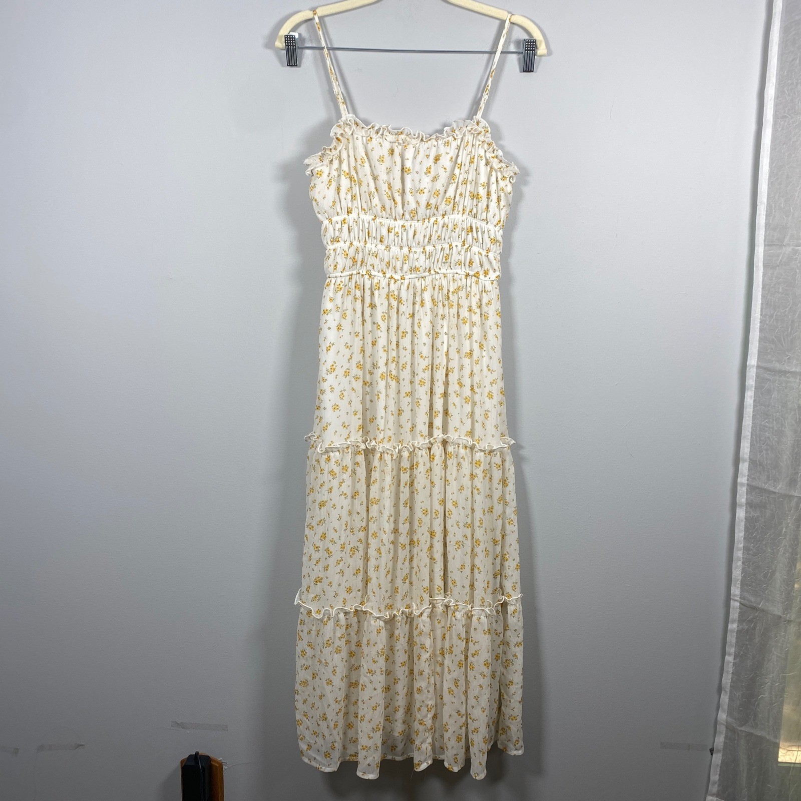 Trixxi Floral Midi Dress Women’s M White Yellow Smocked Tiered Boho Cottagecore