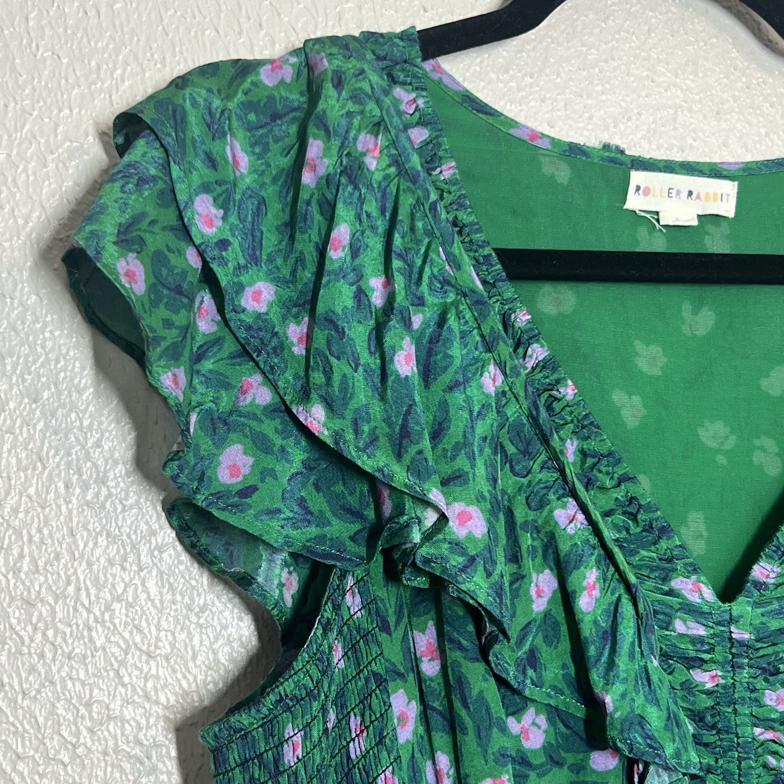 Roller Rabbit Dress Cerro Ondike Mini Green Pink Floral Womens Size Large