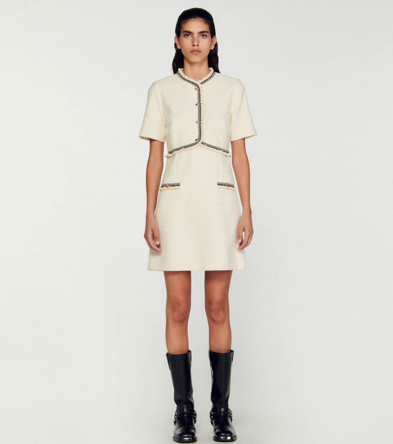 Sandro Tweed A-line Dress Single Breasted Short Sleeve Mini Dress for Women