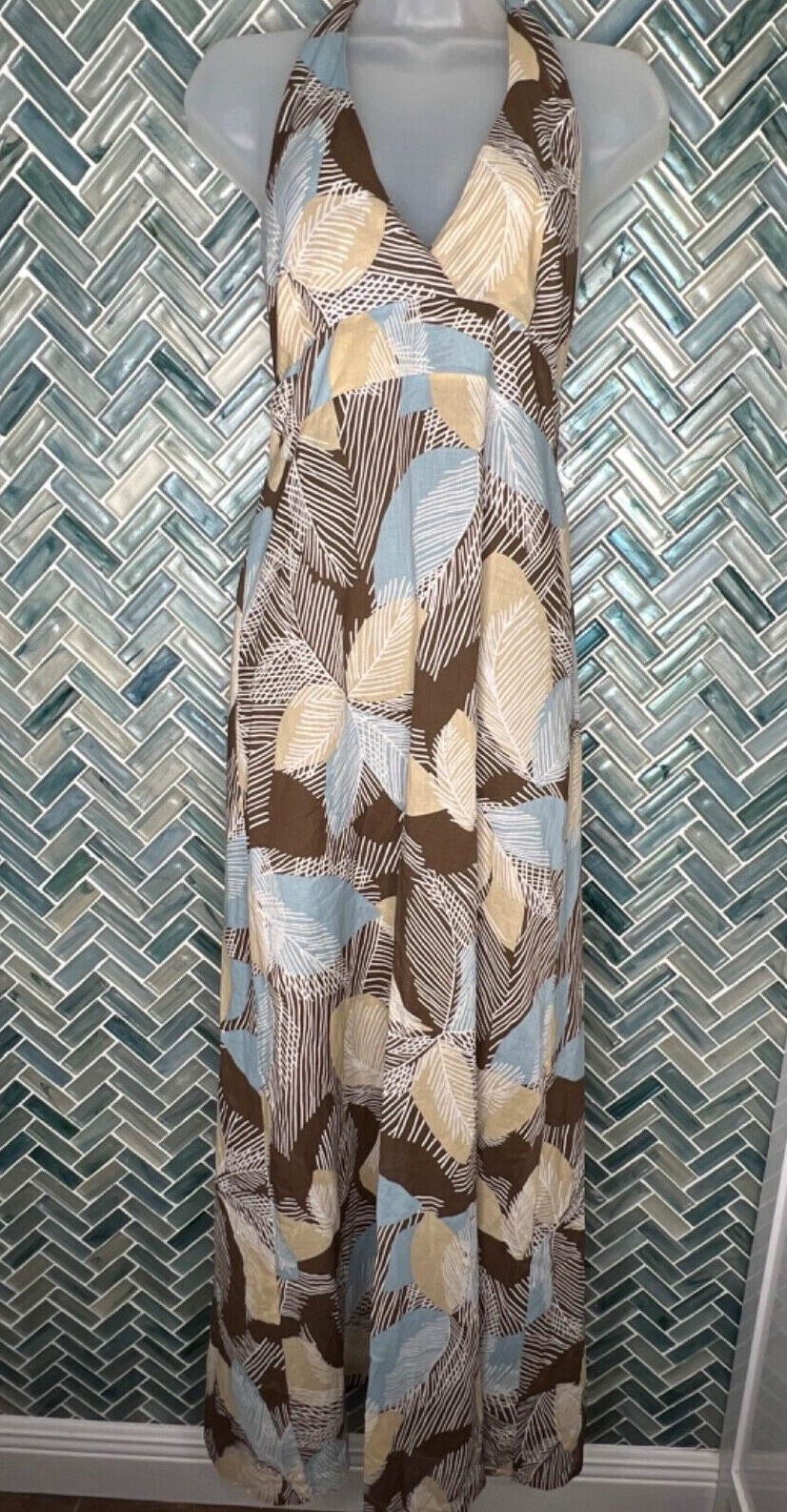 BCBGMAXAZRIA SMALL WOMENS 100% COTTON PALM LEAF PRINT HALTER MAXI DRESS LINED