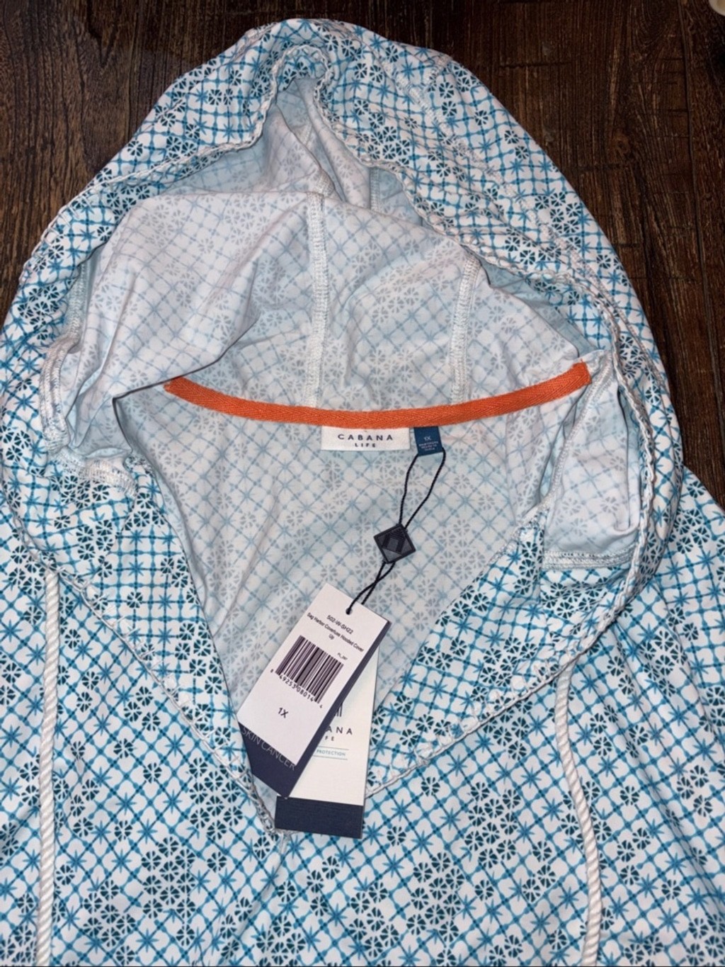Cabana Life Sag Harbor Hooded Tassel Cover-Up Blue/White Size XL NWT