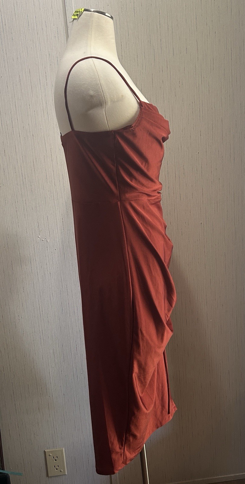 Windsor Rust Satin Cowl Neck Ruched Side Slit Strappy Midi Bodycon XL