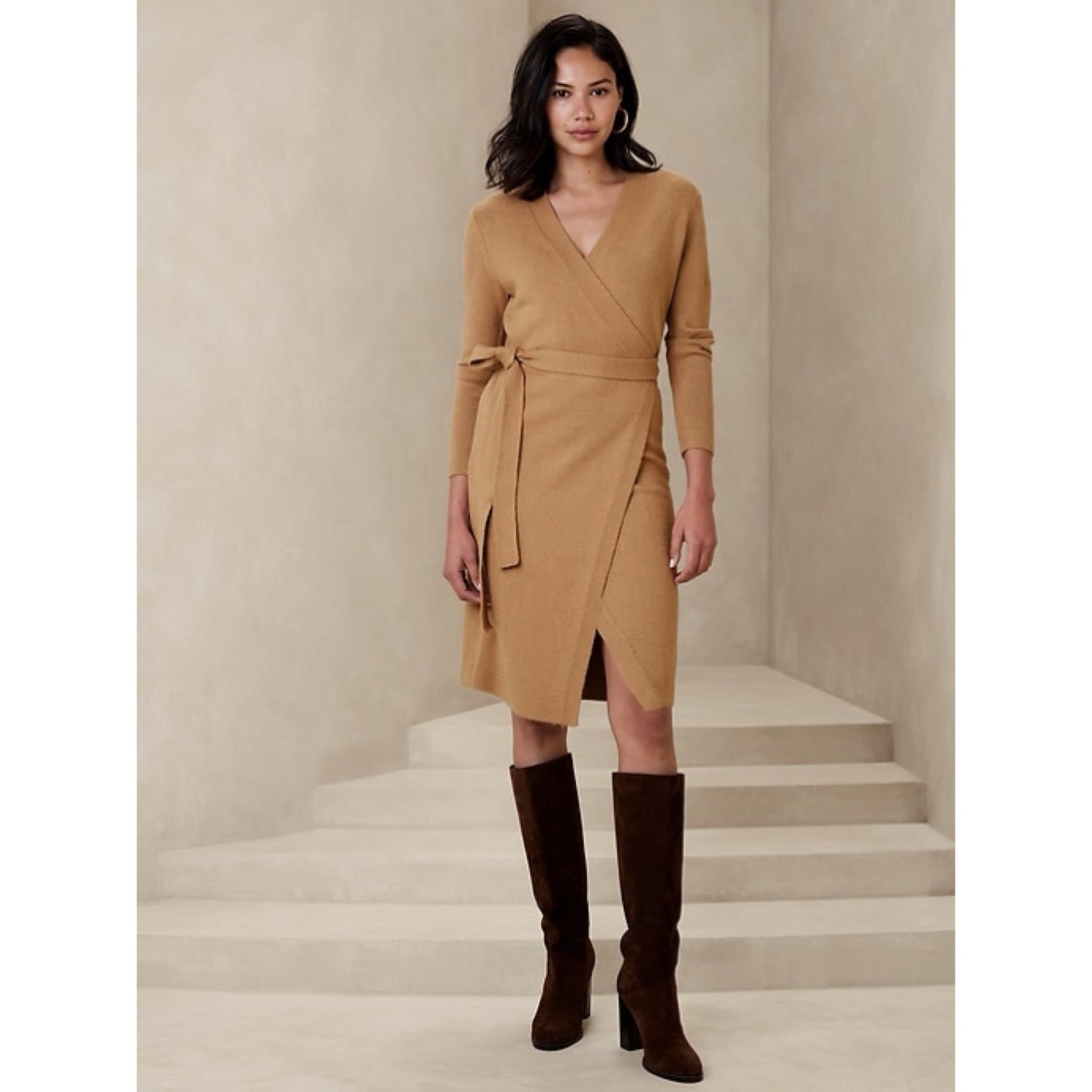 Banana Republic Knit Sweater Wrap Belted Duster Dress Women L Camel Tan Feminine
