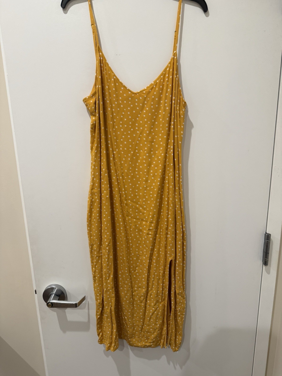 Abercrombie gold polka dot midi dress adjustable spaghetti straps slide slits XL