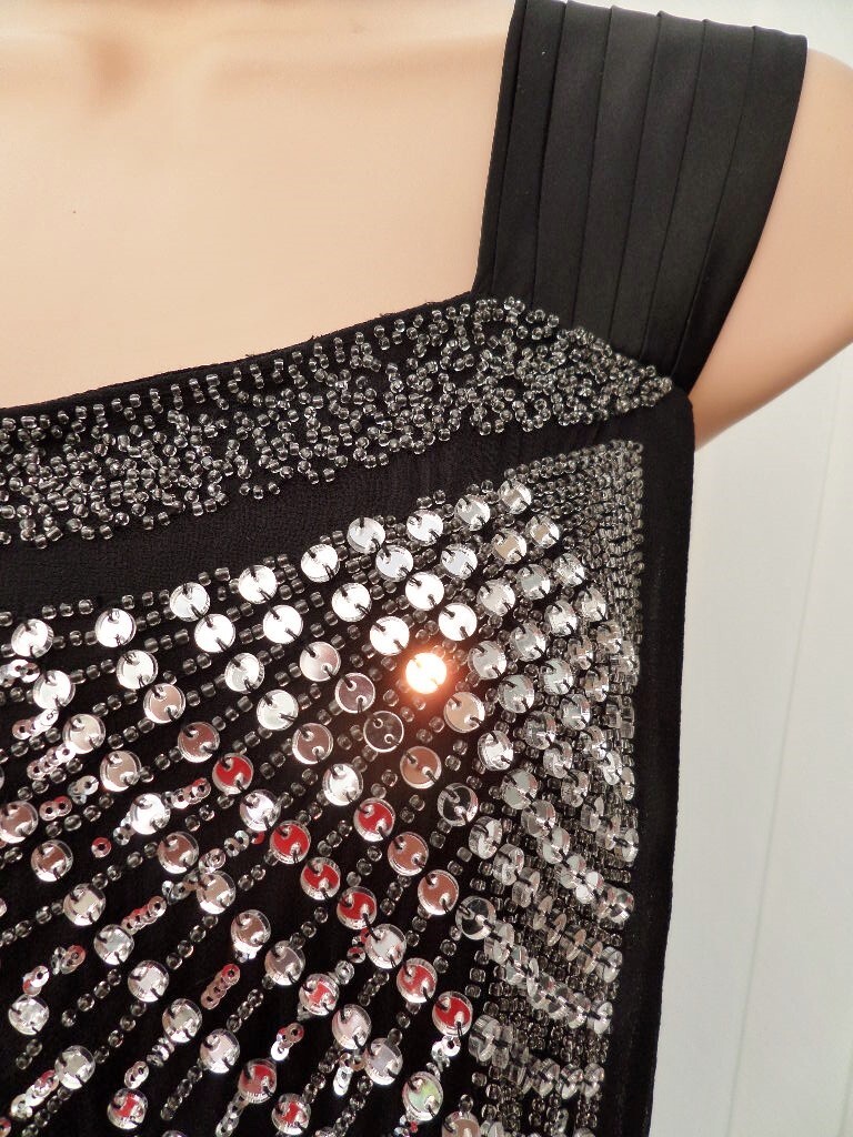 MONSOON GATSBY BLACK SILK CHIFFON 1-SHOULDER SEQUIN 20’S DRESS 12 £160 BNWT