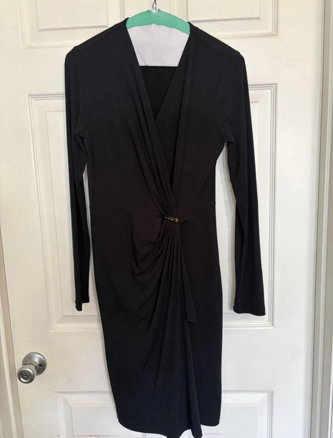 Michael Kors Navy Solid Wrap Sheath Dress V-Neck Long Sleeve Logo Accent S