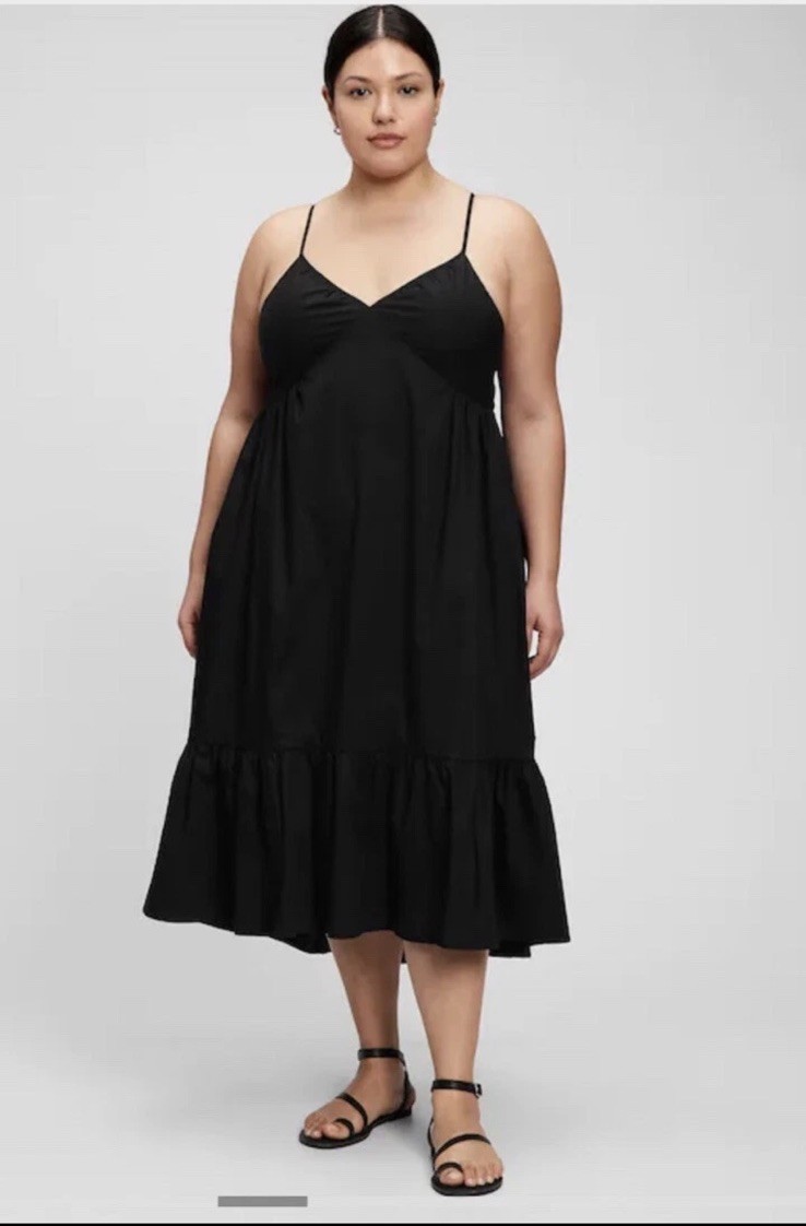 GAP Black V-Neck Spaghetti Strap Tiered Skirt Midi Dress L Minimal Capsule Chic