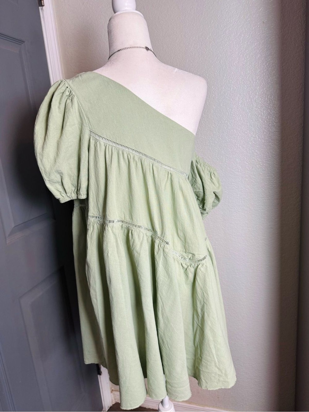 Sage Green One-Shoulder Tiered Mini Dress with Lattice Trim