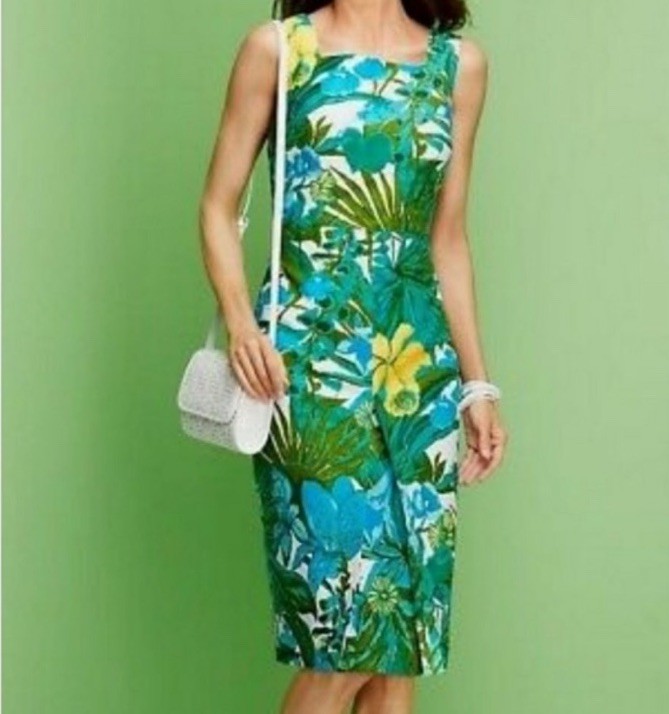 Talbots Green White Blue Floral Sheath Pleated Sleeveless Summer Dress Size 12