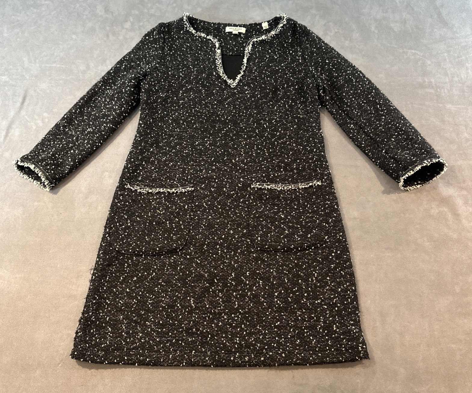 Classic Preppy Academia Black Tweed Knit Mini Dress Womens XS Fringe Pockets
