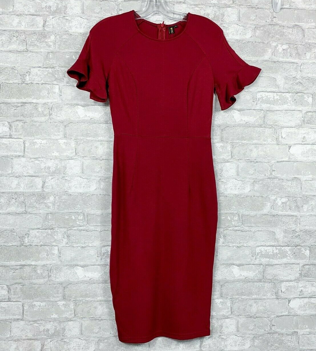 NEW NWT WOOSEA WINE BURGUNDY FITTED BACK ZIP DRESS CUTE SHORT SLEEVE CAREER S