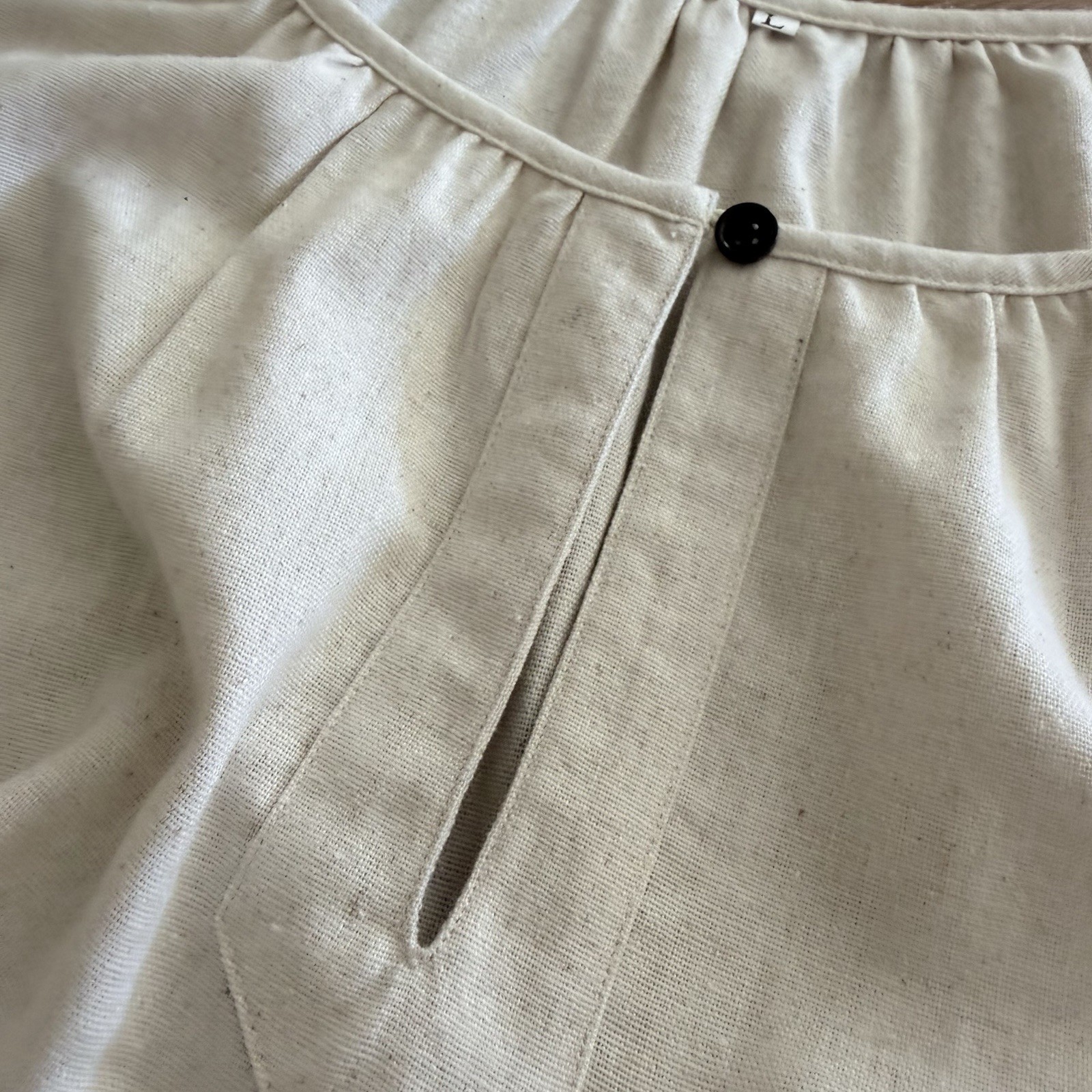 Ivory Linen & Cotton Blend Shirt Dress Midi Popover 3/4 Balloon Sleeve