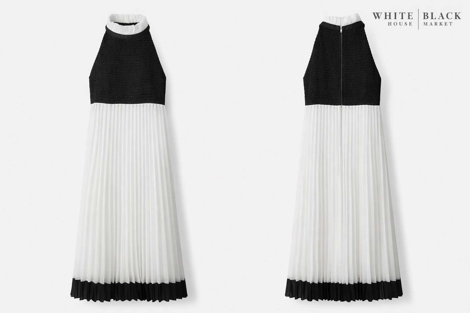 While House Black Market Hlter Neck Pleated Shift, White/Black Trim