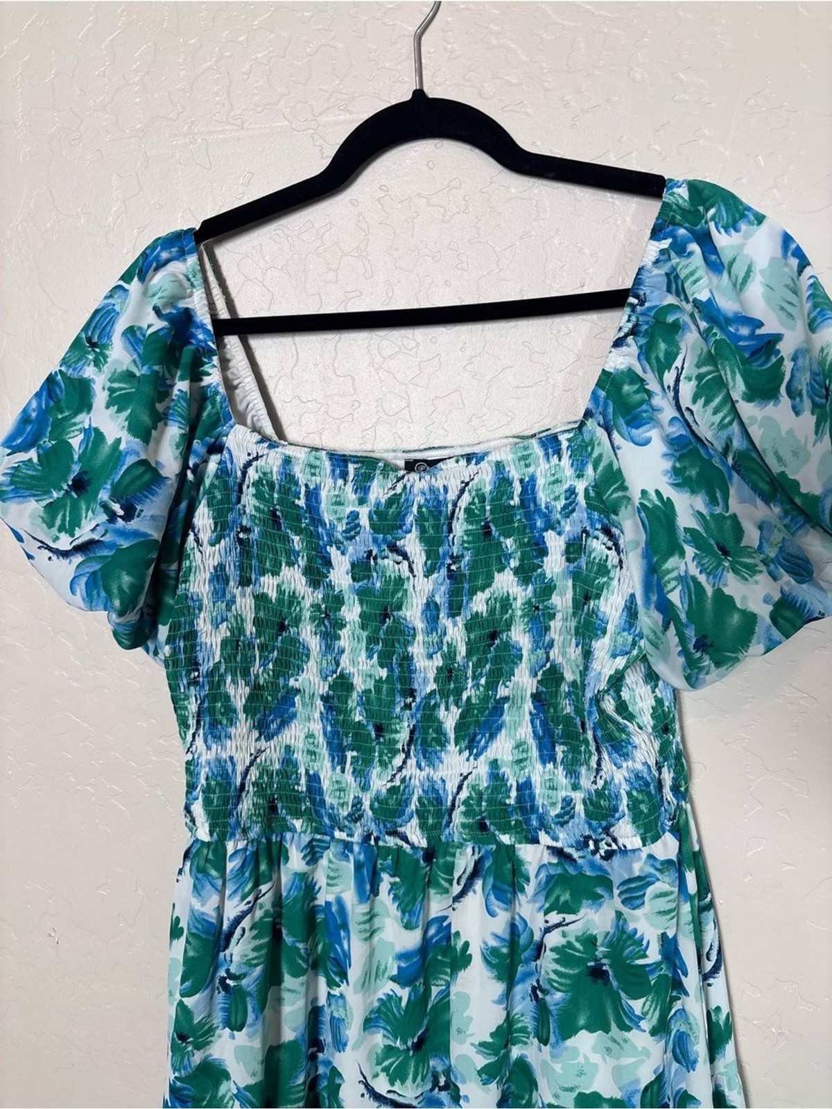 PrettyGarden Floral Smocked Midi Dress Womens Large Blue Green Puff Sleeve