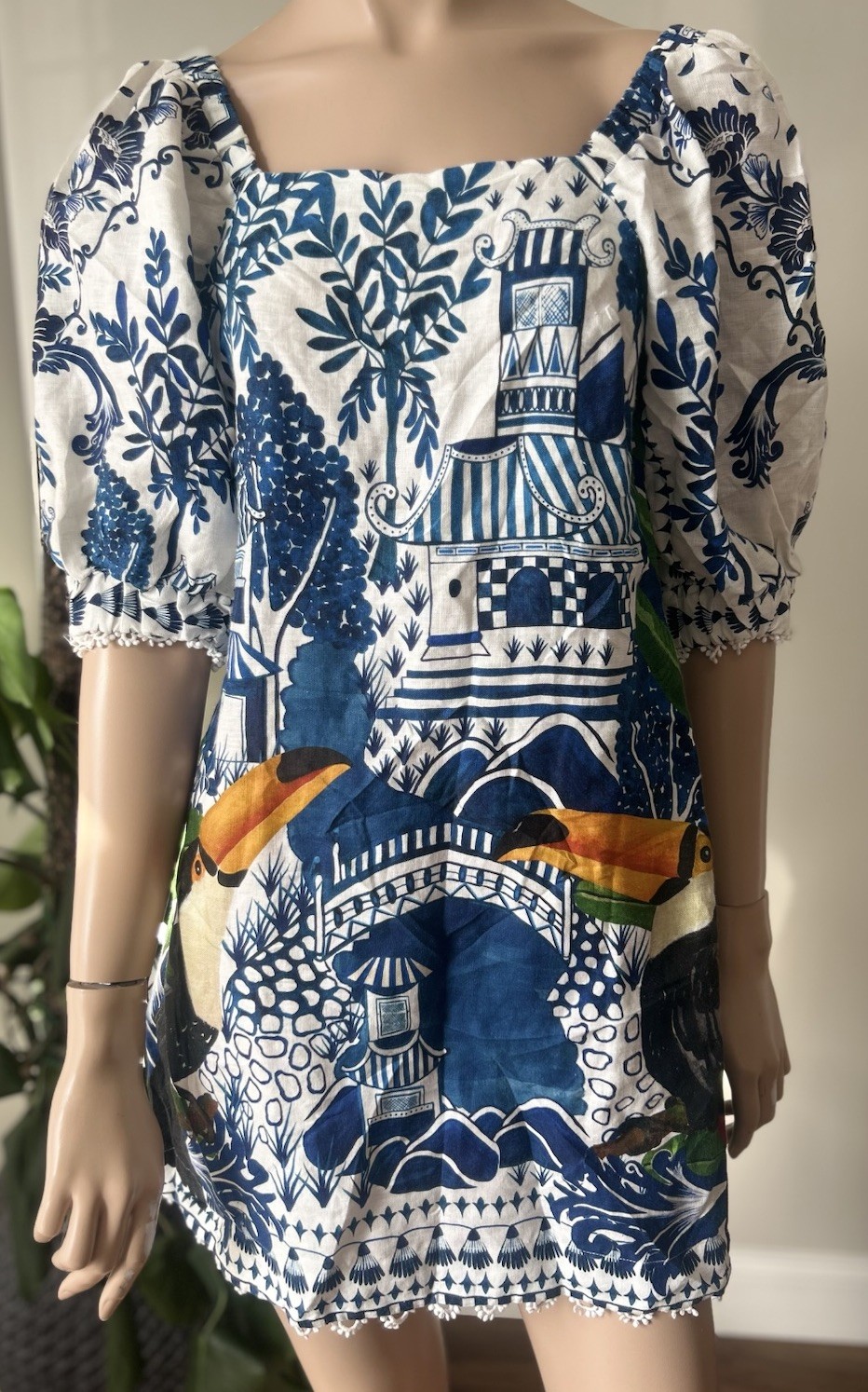 Farm Rio Women’s Multicolored Ancient Garden Linen Floral Toucan Mini Dress Sz S