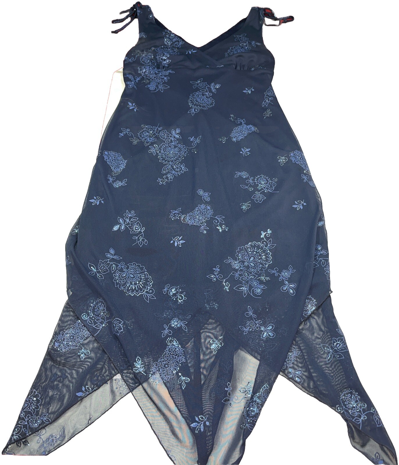 90s BLUE FAIRY DRESS EMO Jagged Hem Flowy Sparkle Flowers VNeck Whimsy Goth USA