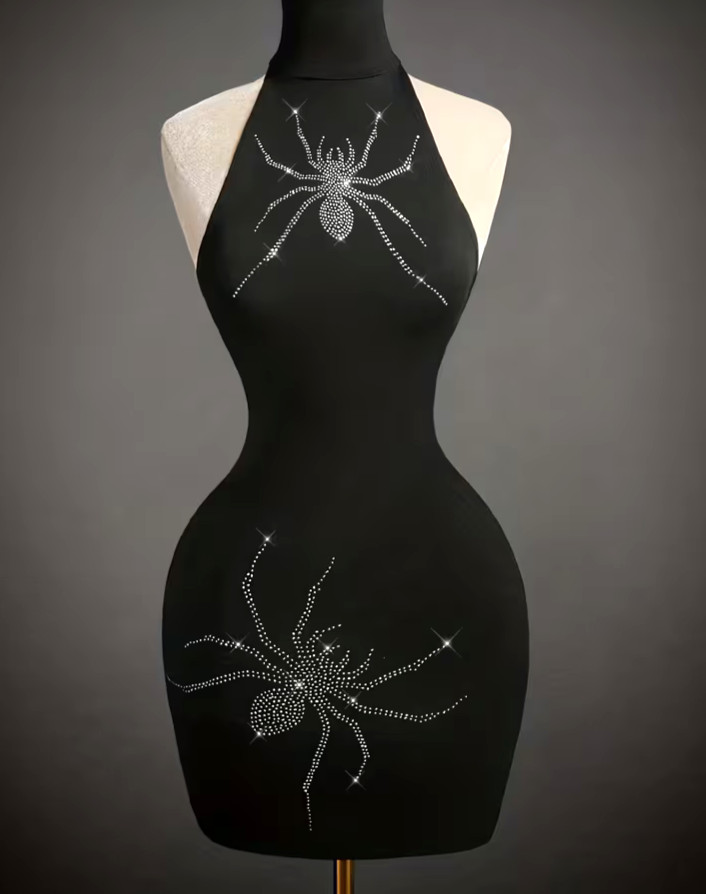 Large Black RHINESTONE SPIDER Bodycon. Sleek Knit Backless Mini Dress. SCARY!