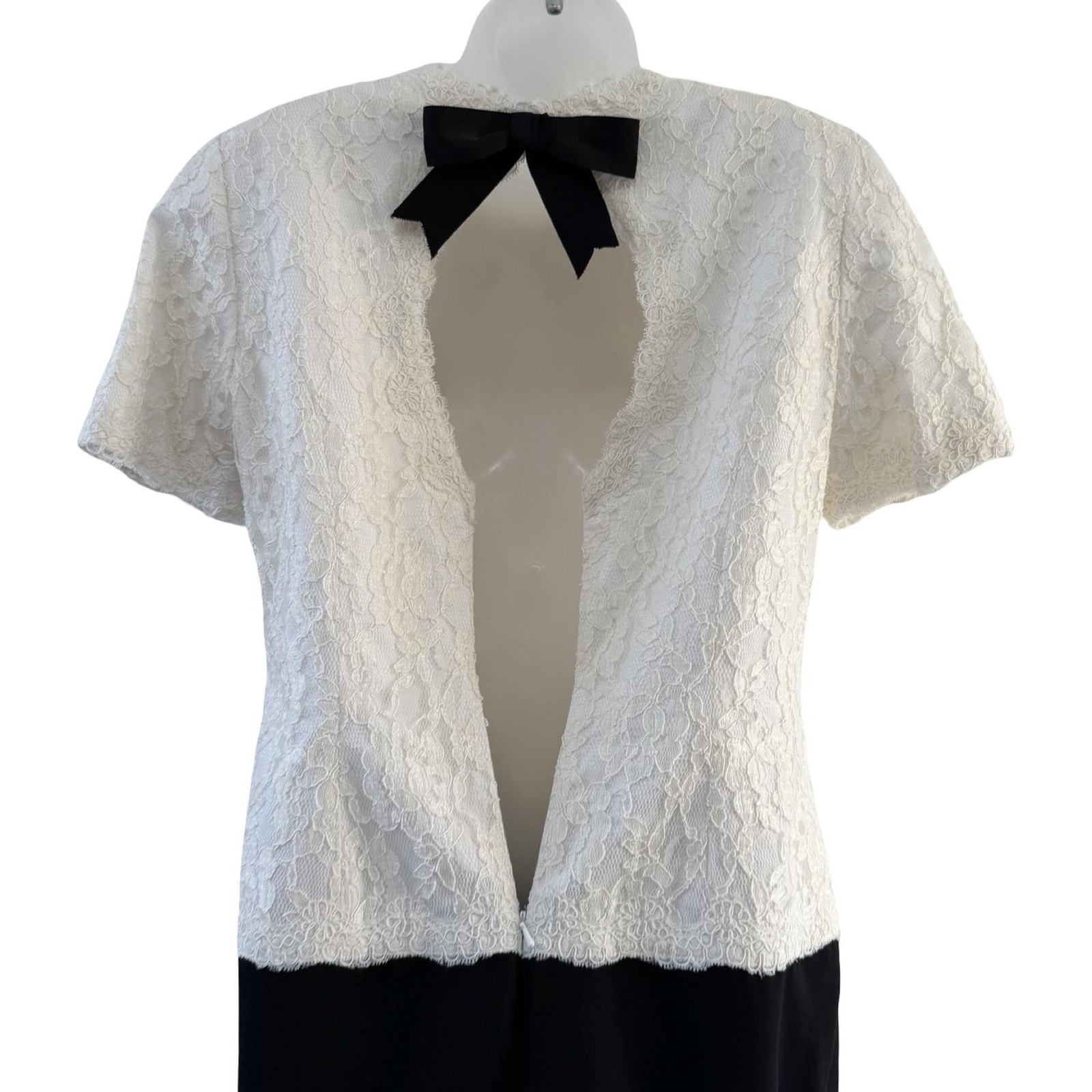 Vintage Bill Blass Evening Dress Womens 10 White Lace Black Bow Open Back 90s