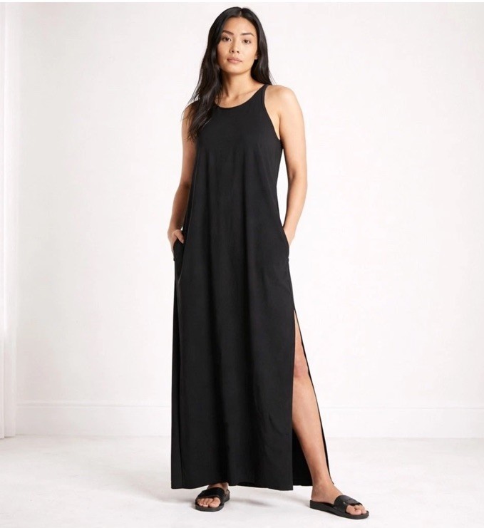 Athleta Hayes Pleated Cami Strap Maxi Dress Black 1X Pockets